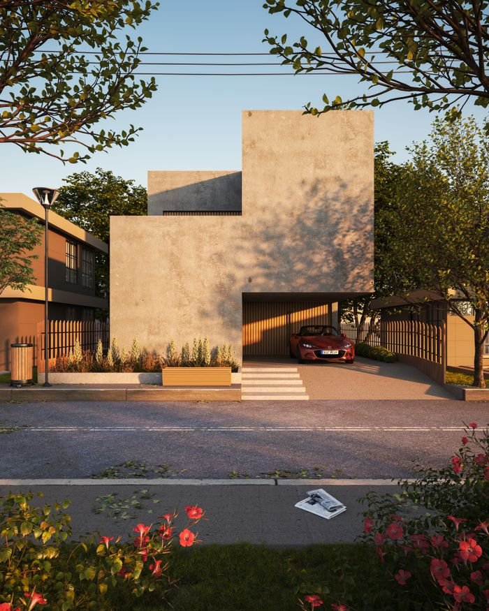 Contemporary minimalist house with a car parked in the garage and a serene outdoor setting.