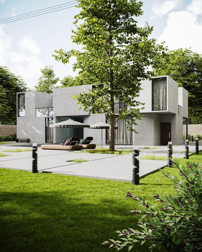 A sleek modern home with a lush green yard, perfect for suburban living.