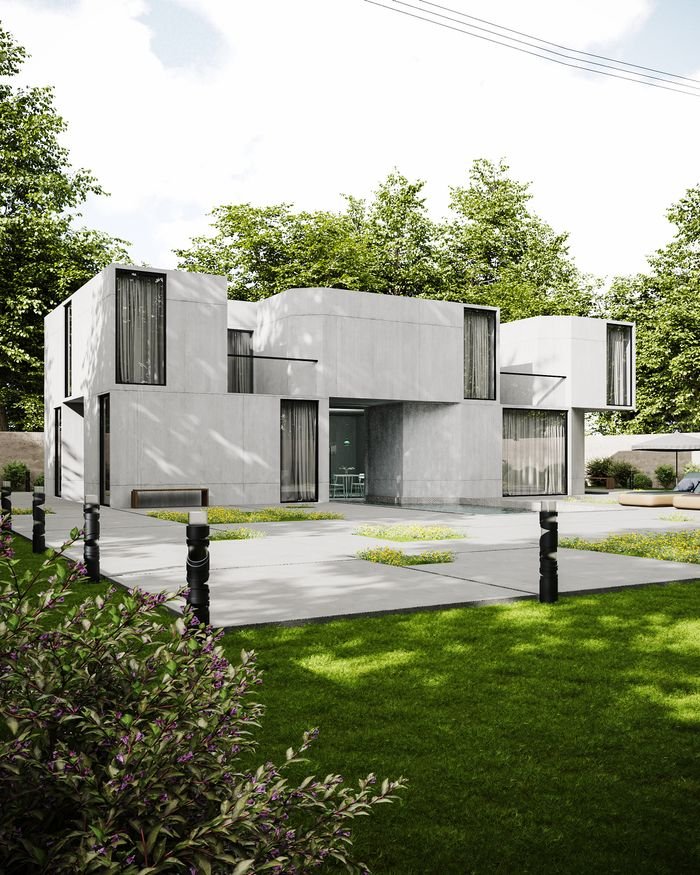 A sleek modern concrete house in a lush garden setting, showcasing minimalist architecture.