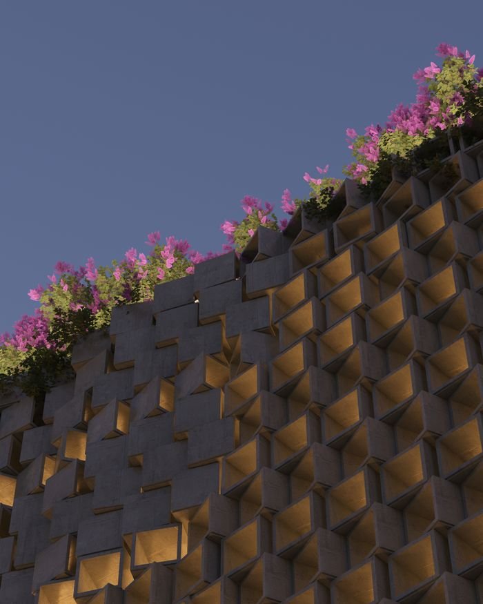 Architectural concrete facade with pink bougainvillea against a clear blue sky.